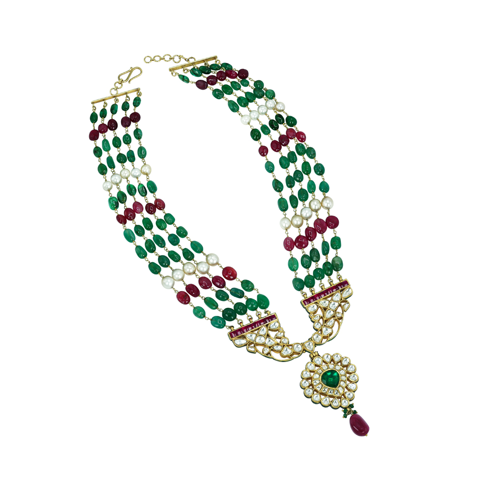 Multistrand Emerald Necklace with Polki Pendant and Ruby Drop
